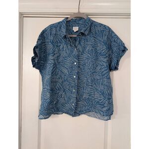 Sigrid Olsen‎ S/S Linen Shirt women's Large blue white button up beachy vacation